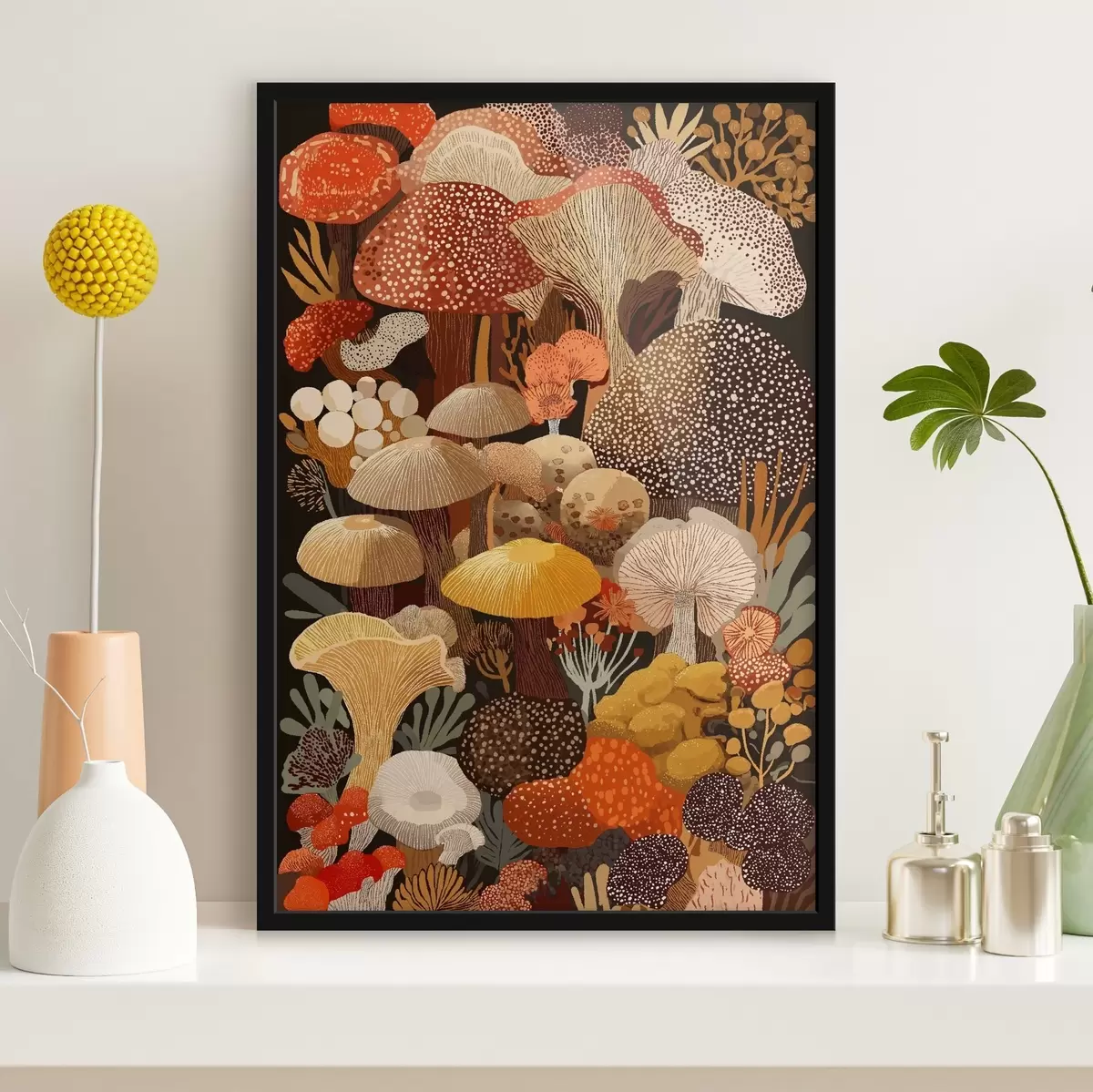 Poster Samenstelling van verschillende bospaddestoelen in warme tinten f46170