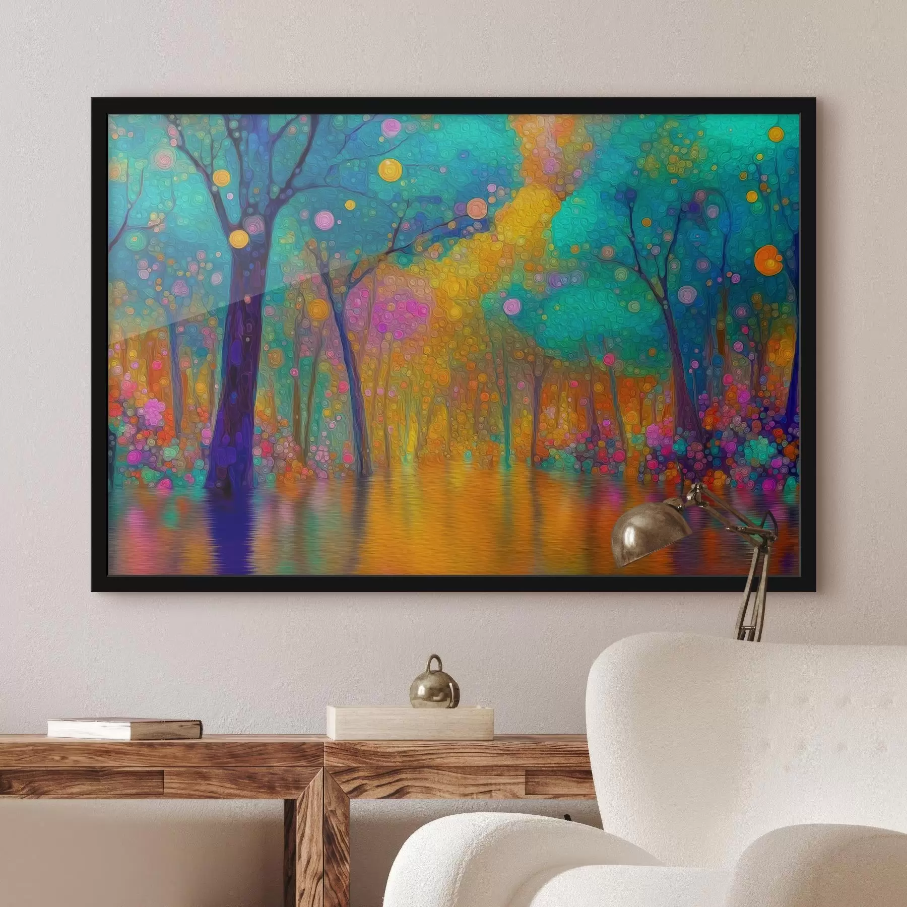 Fotobehang Levendig fantasiebos met weerspiegelingen in het water f46171