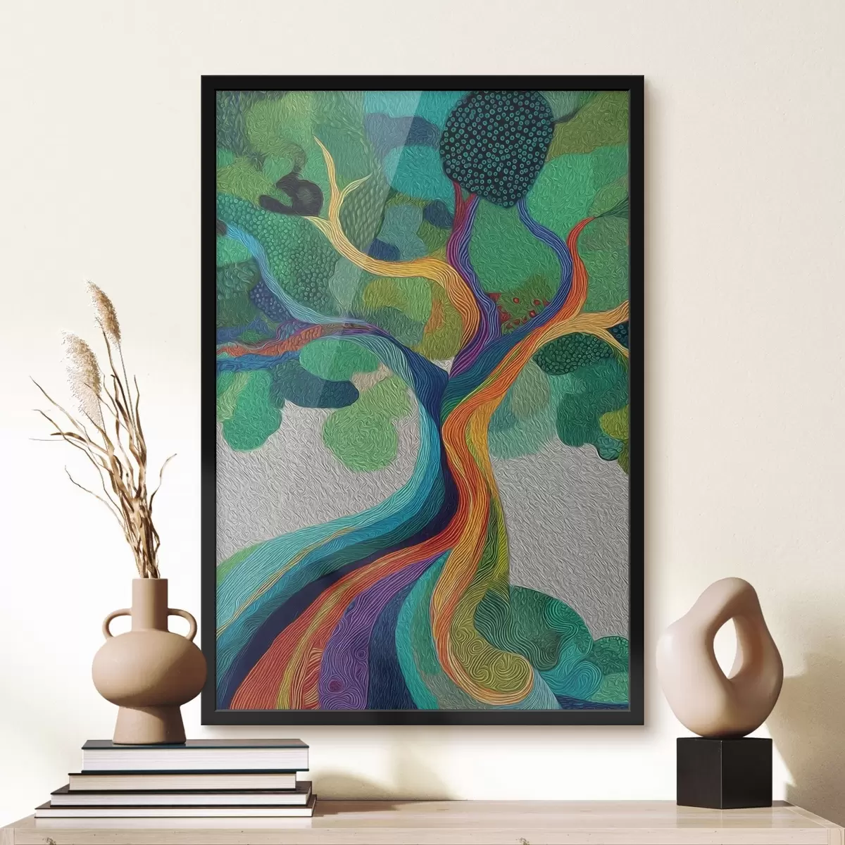 Poster Boom met regenboogtakken op een groene achtergrond f46173