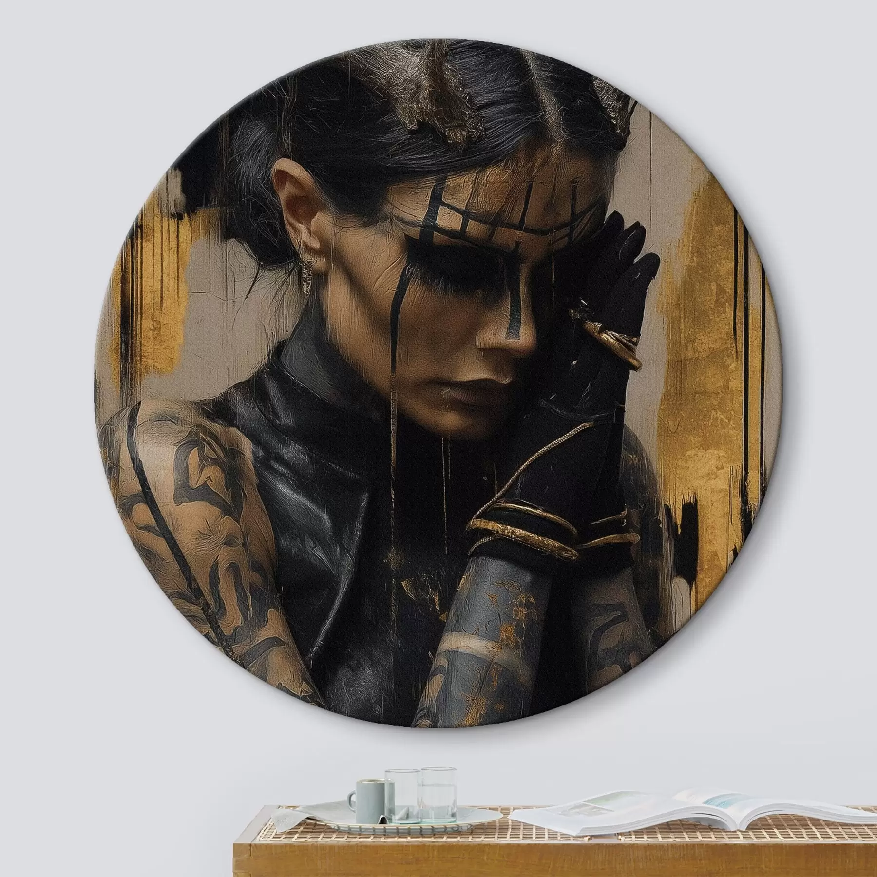  Schilderijen Vrouw met hoorns in een donkere look met zwarte gezichtslijnen r46144