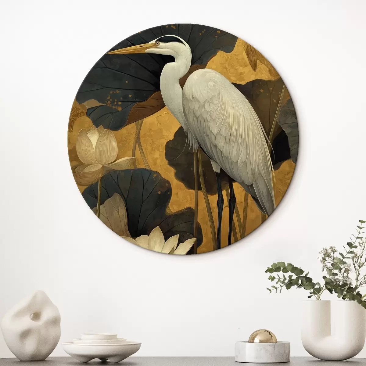 Ronde schilderijen Reiger tussen lotusbloemen op een warme achtergrond r46148