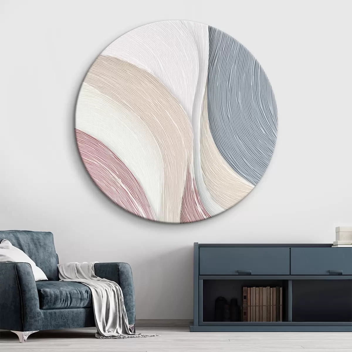 Ronde schilderijen Lichte abstracte golven in lichtroze en grijs-witte tinten r46153