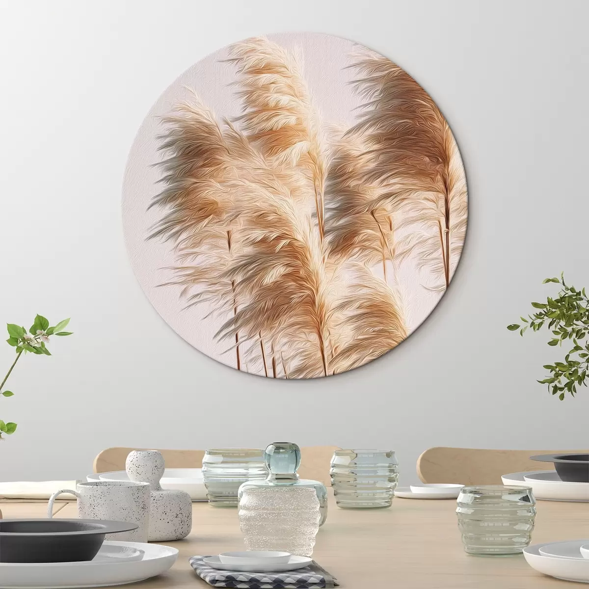 Ronde schilderijen Pluizige decoratieve grassen op een lichte achtergrond r46157