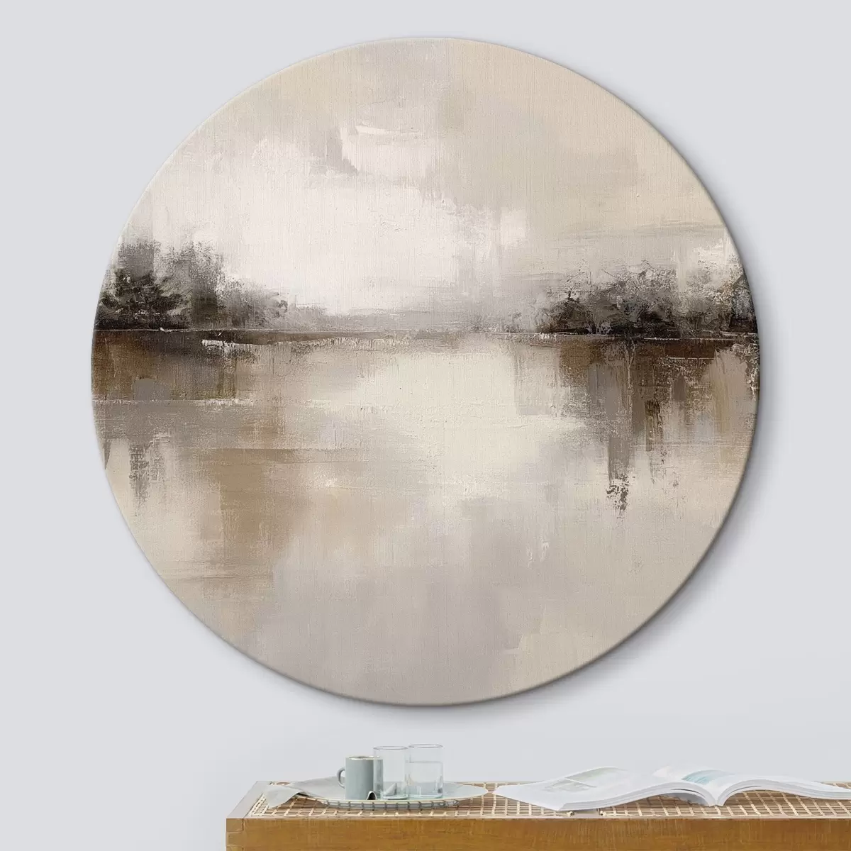Ronde schilderijen Zacht landschap met een meer in warme beige-grijze tinten r46158