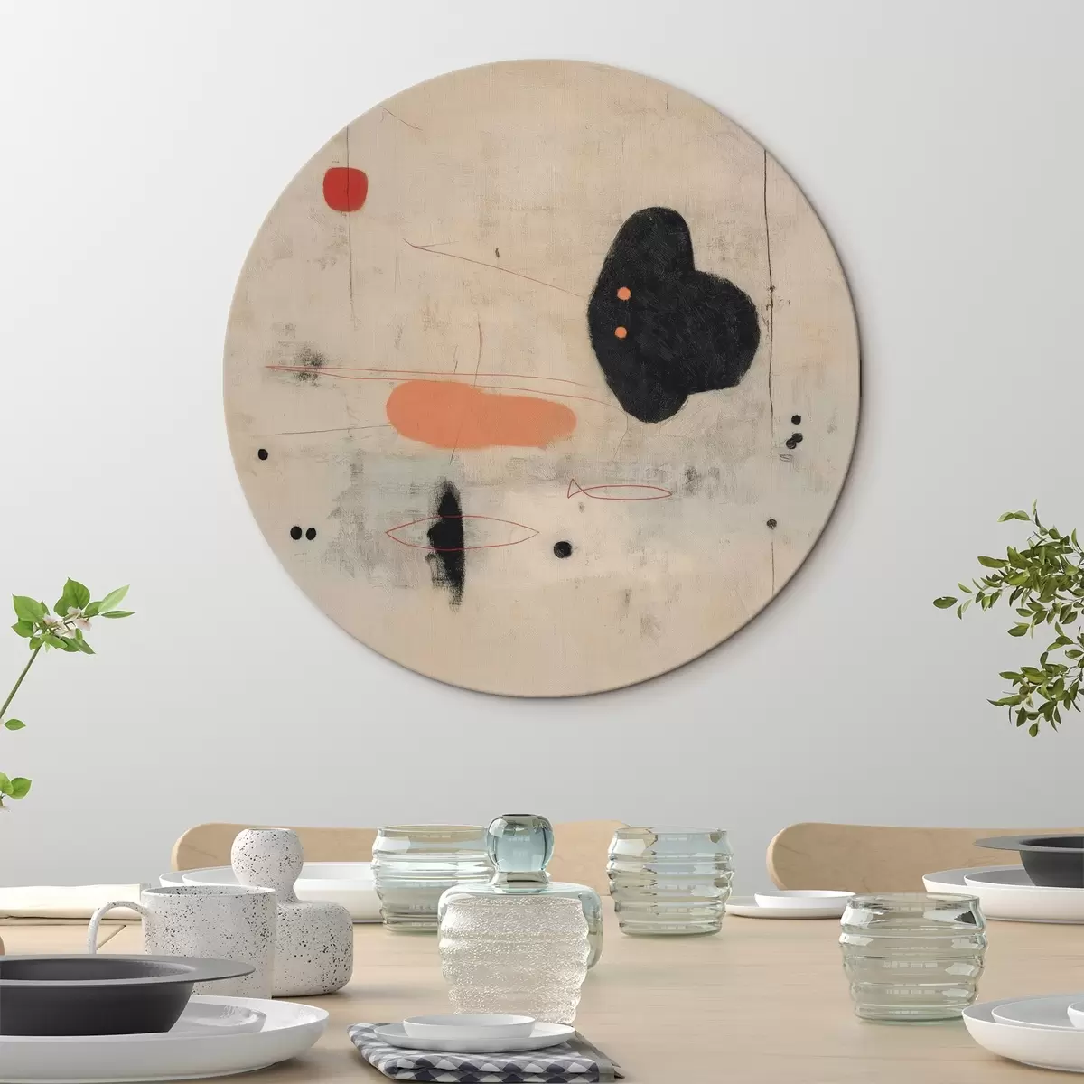 Ronde schilderijen Minimalistische abstracte tekening met zwarte en koraalkleurige accenten r46159