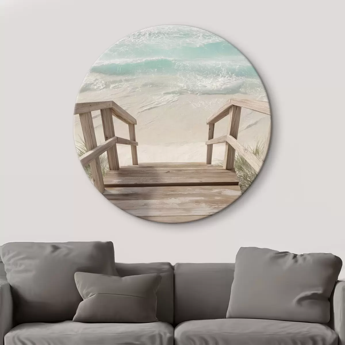 Ronde schilderijen Houten trap die naar een turquoise strand leidt r46163