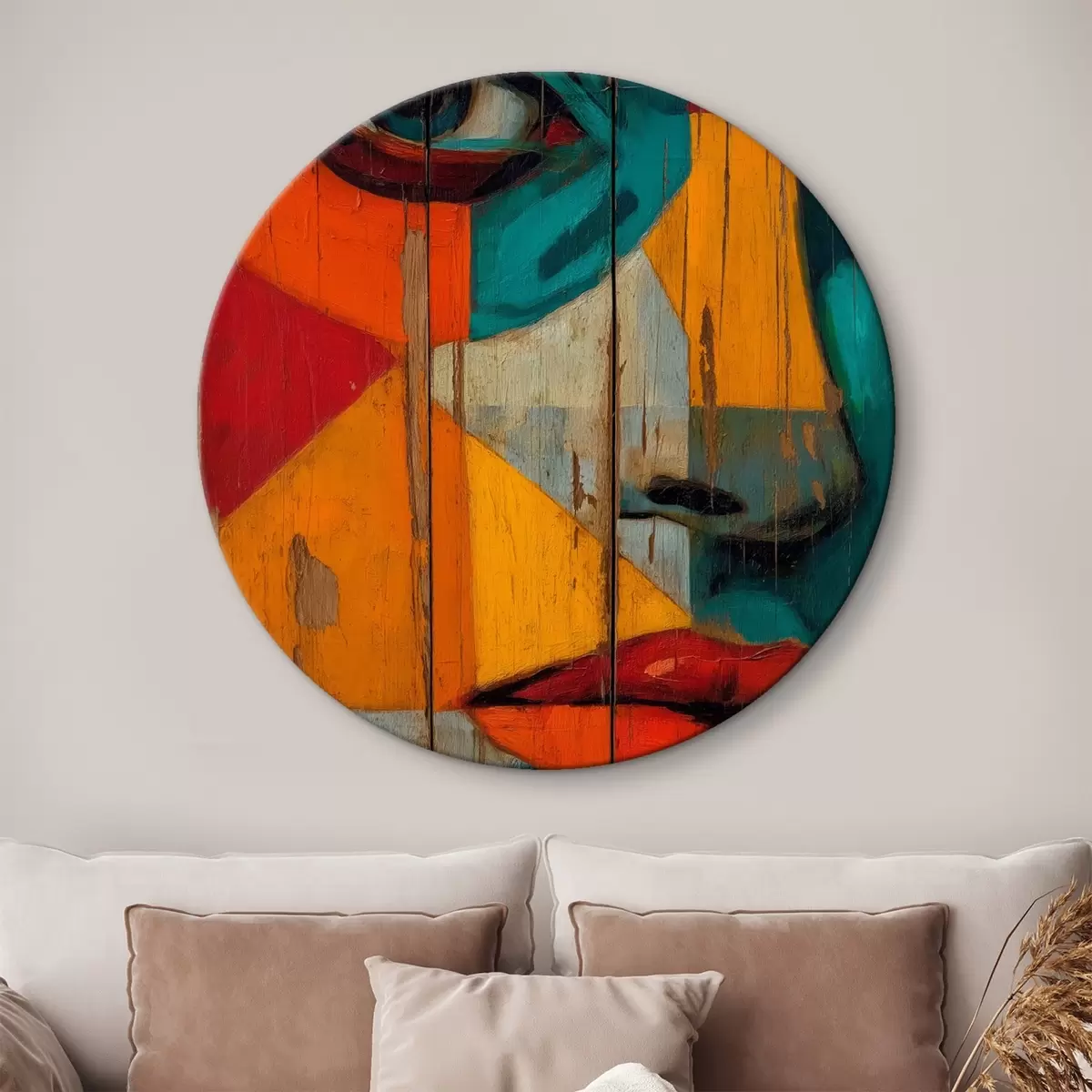 Ronde schilderijen Helder geometrisch portret op houten planken r46165