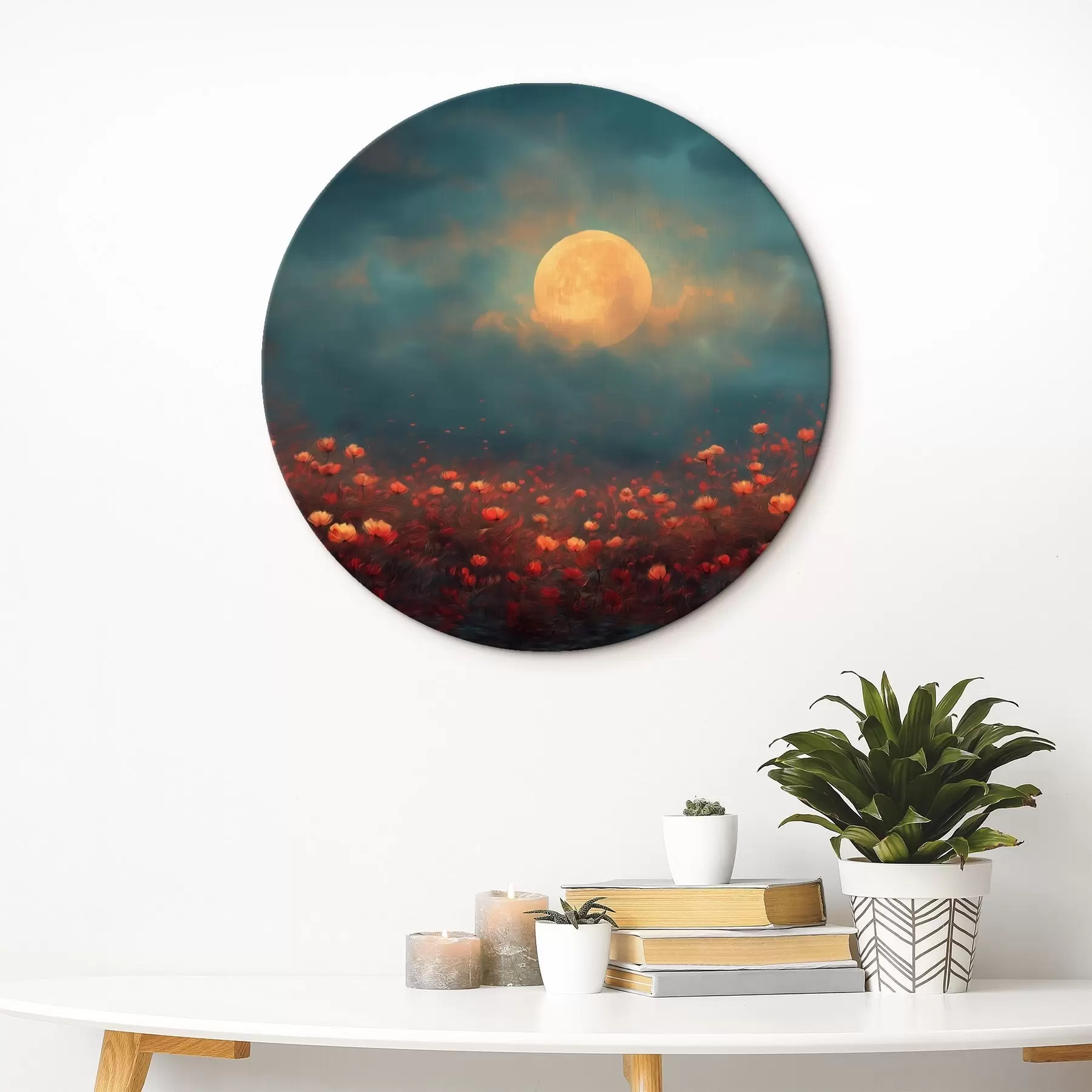  Schilderijen Maan boven een veld met rode bloemen in een mistige avondhemel r46167