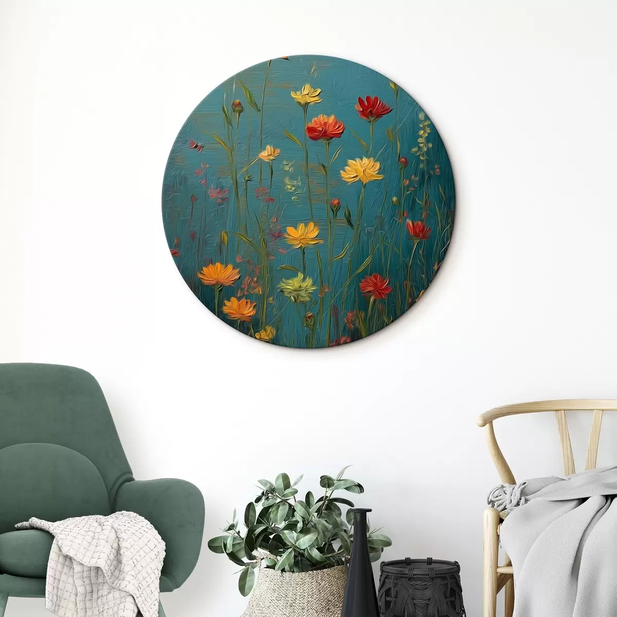 Ronde schilderijen Wilde bloemen op een diep turquoise achtergrond r46169