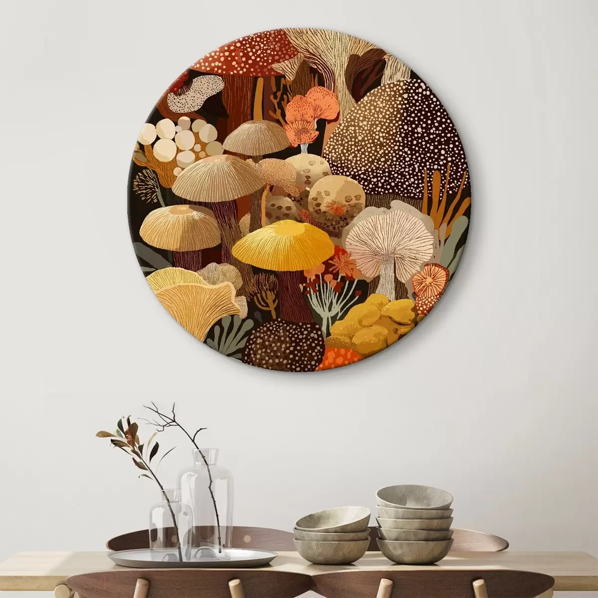 Ronde schilderijen Samenstelling van verschillende bospaddestoelen in warme tinten r46170