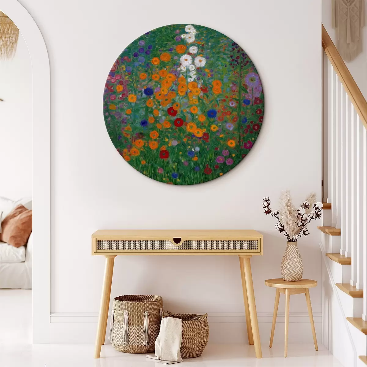 Ronde schilderijen Kleurrijk bloemenveld met witte accenten r46172
