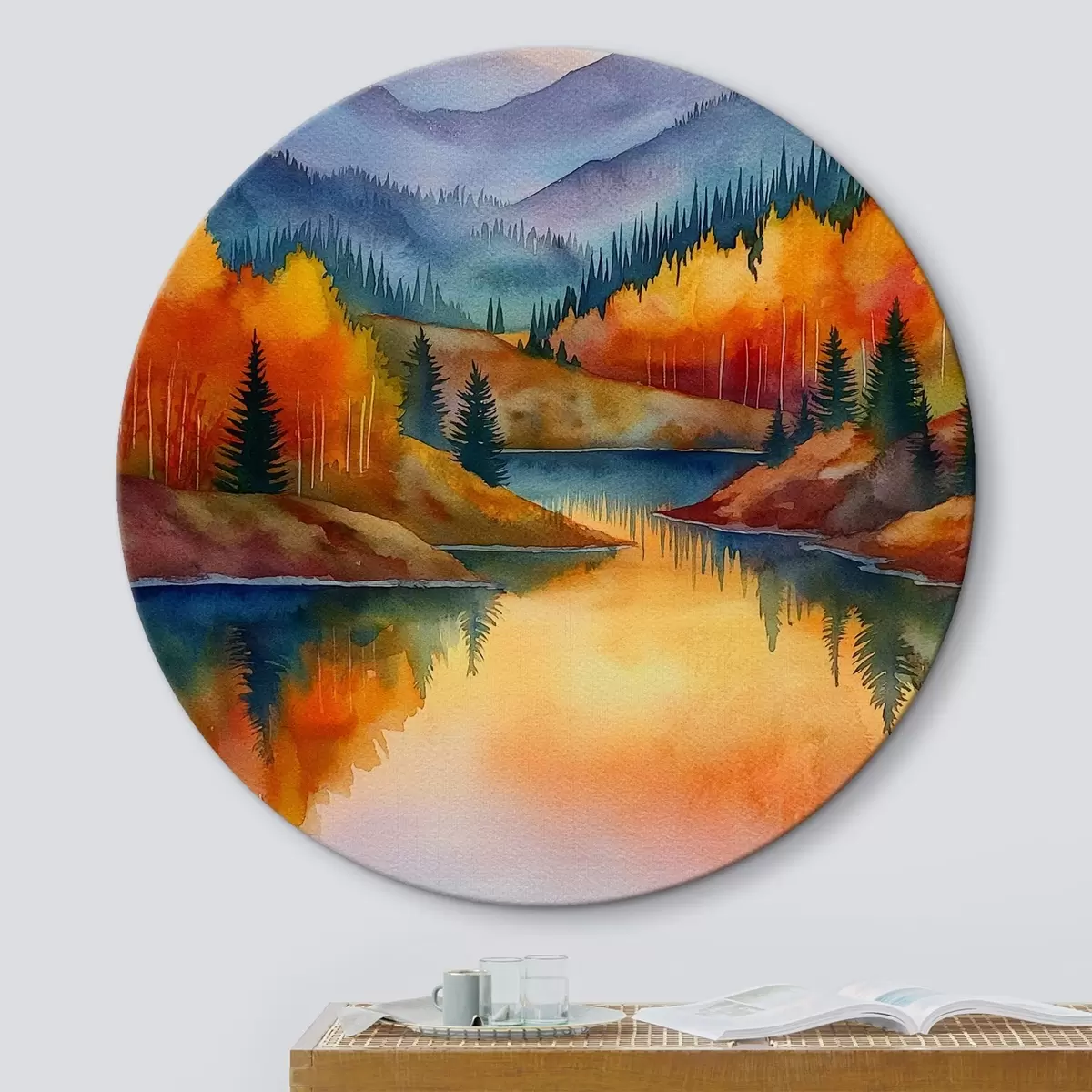 Ronde schilderijen Herfstlandschap met bergen weerspiegeld in een kalm meer r46174