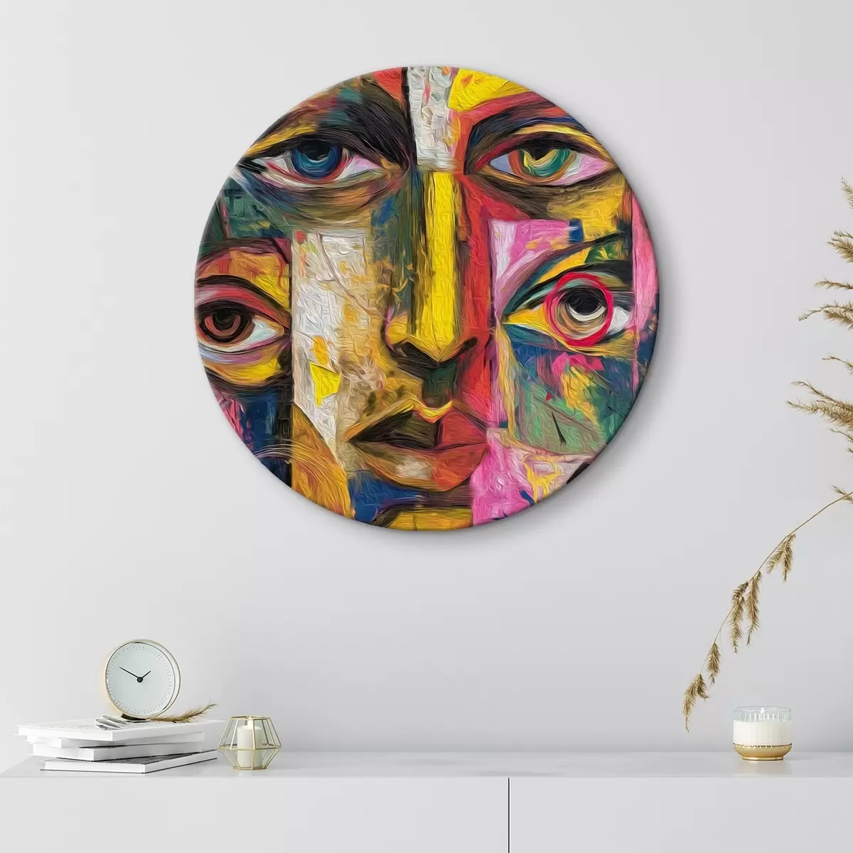 Ronde schilderijen Abstract gezicht met heldere geometrische vormen r46175