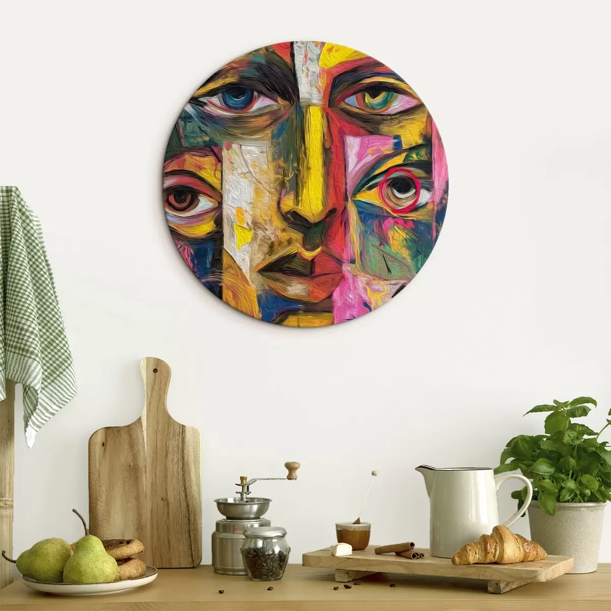 Ronde schilderijen Abstract gezicht met heldere geometrische vormen r46175