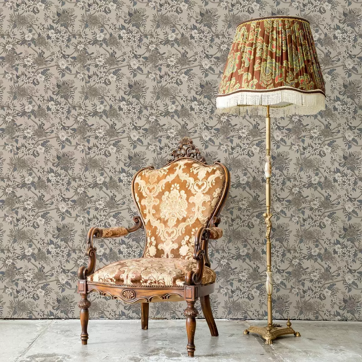 Behang Grote bloemen met bladeren met patronen op een warme beige achtergrond a00649 Behang Grote bloemen met bladeren met patronen op een warme beige achtergrond a00649