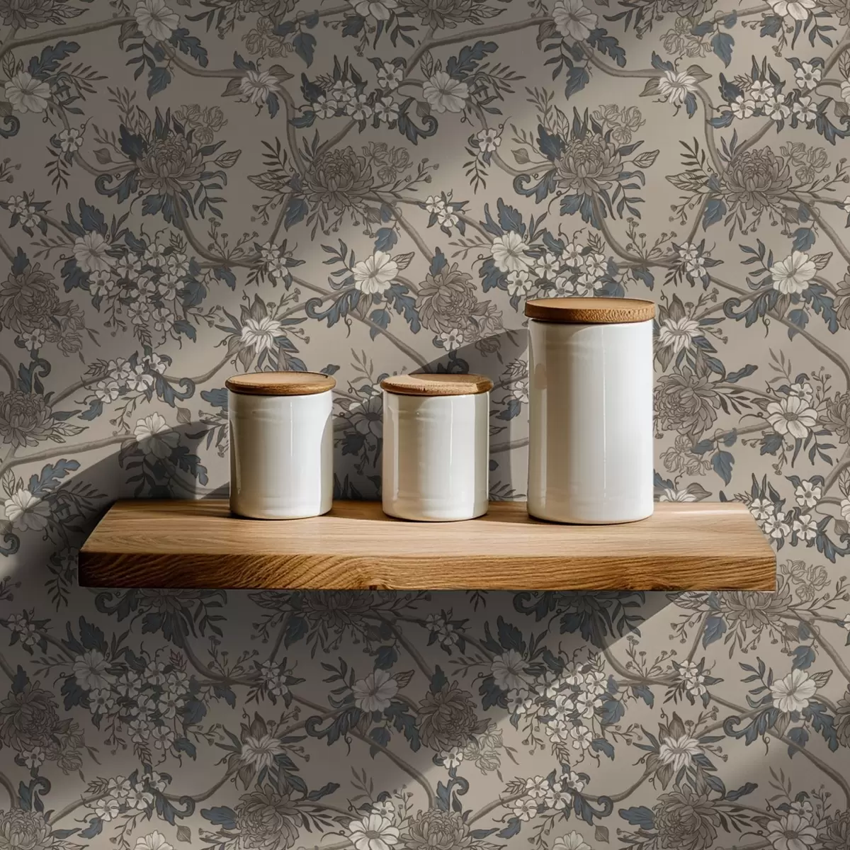 Behang Grote bloemen met bladeren met patronen op een warme beige achtergrond a00649