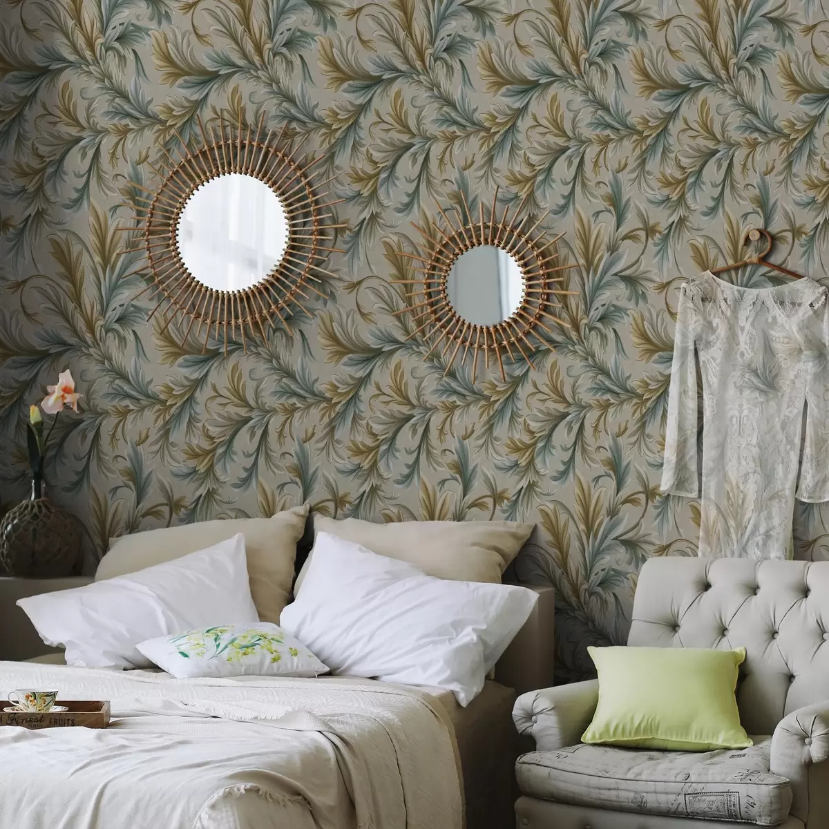 Behang Volumineuze bladeren in pasteltinten van groen en beige a00674