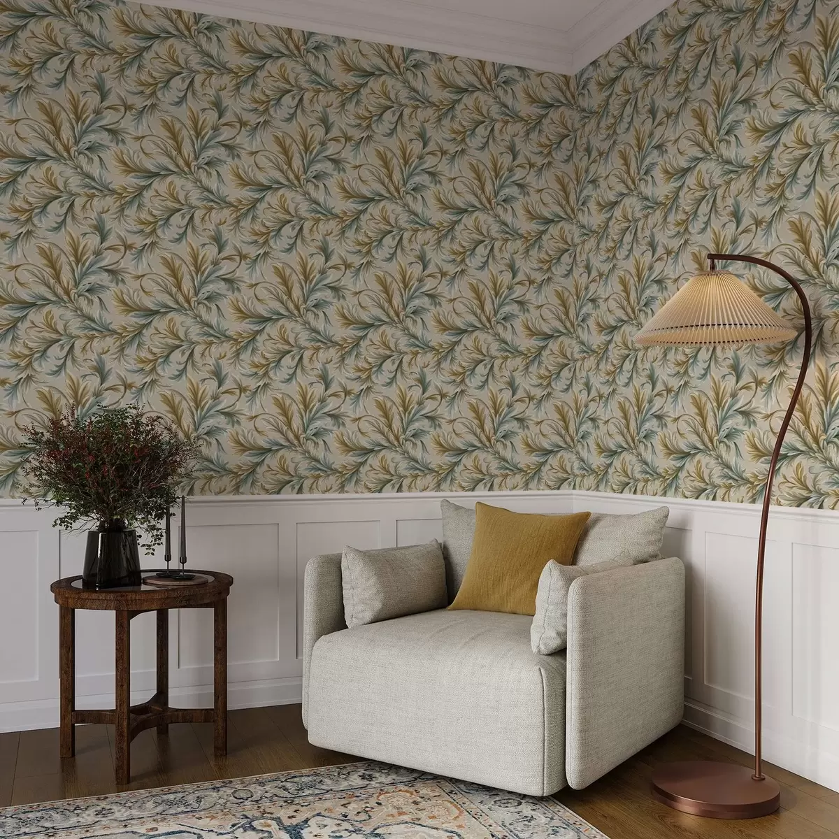 Behang Volumineuze bladeren in pasteltinten van groen en beige a00674 Behang Volumineuze bladeren in pasteltinten van groen en beige a00674