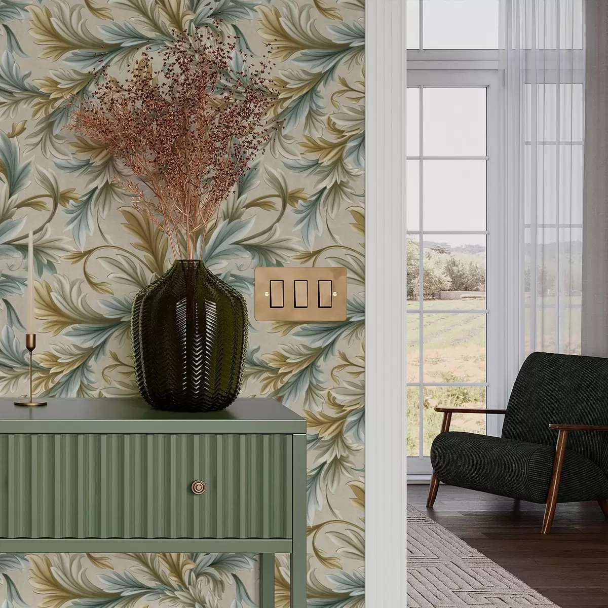 Behang Volumineuze bladeren in pasteltinten van groen en beige a00674