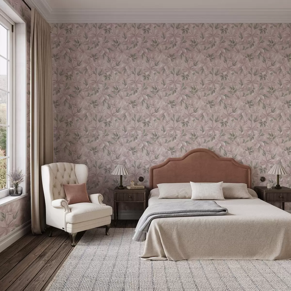 Behang Roze bloemen met delicate bladeren op een zachte achtergrond a00675