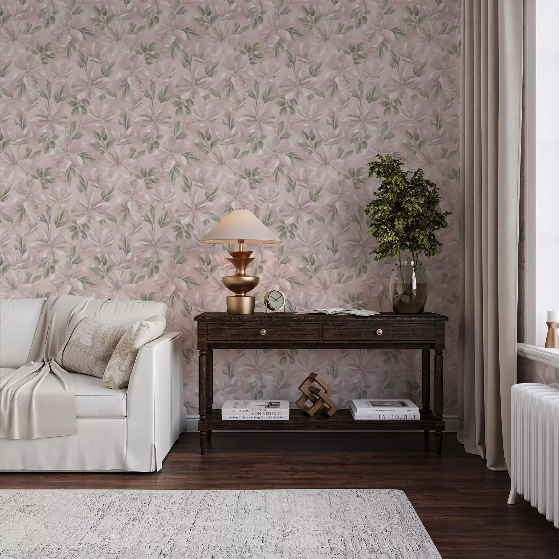 Fotobehang Roze bloemen met delicate bladeren op een zachte achtergrond a00675