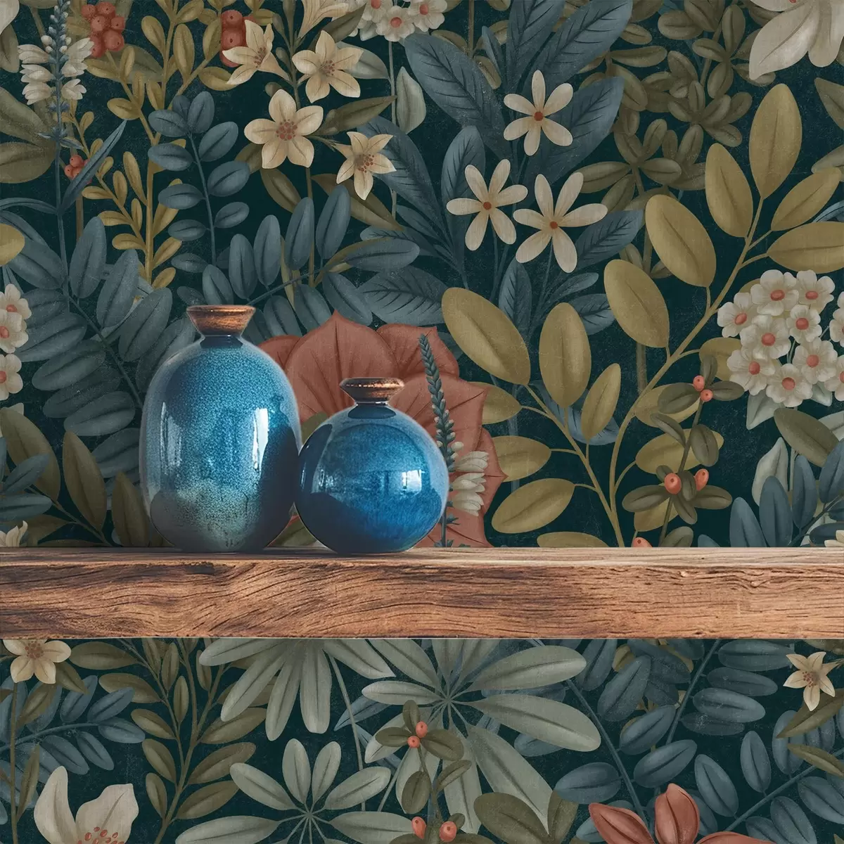 Behang Donkere achtergrond met dichte bloemen en bladeren in warme tinten a00678