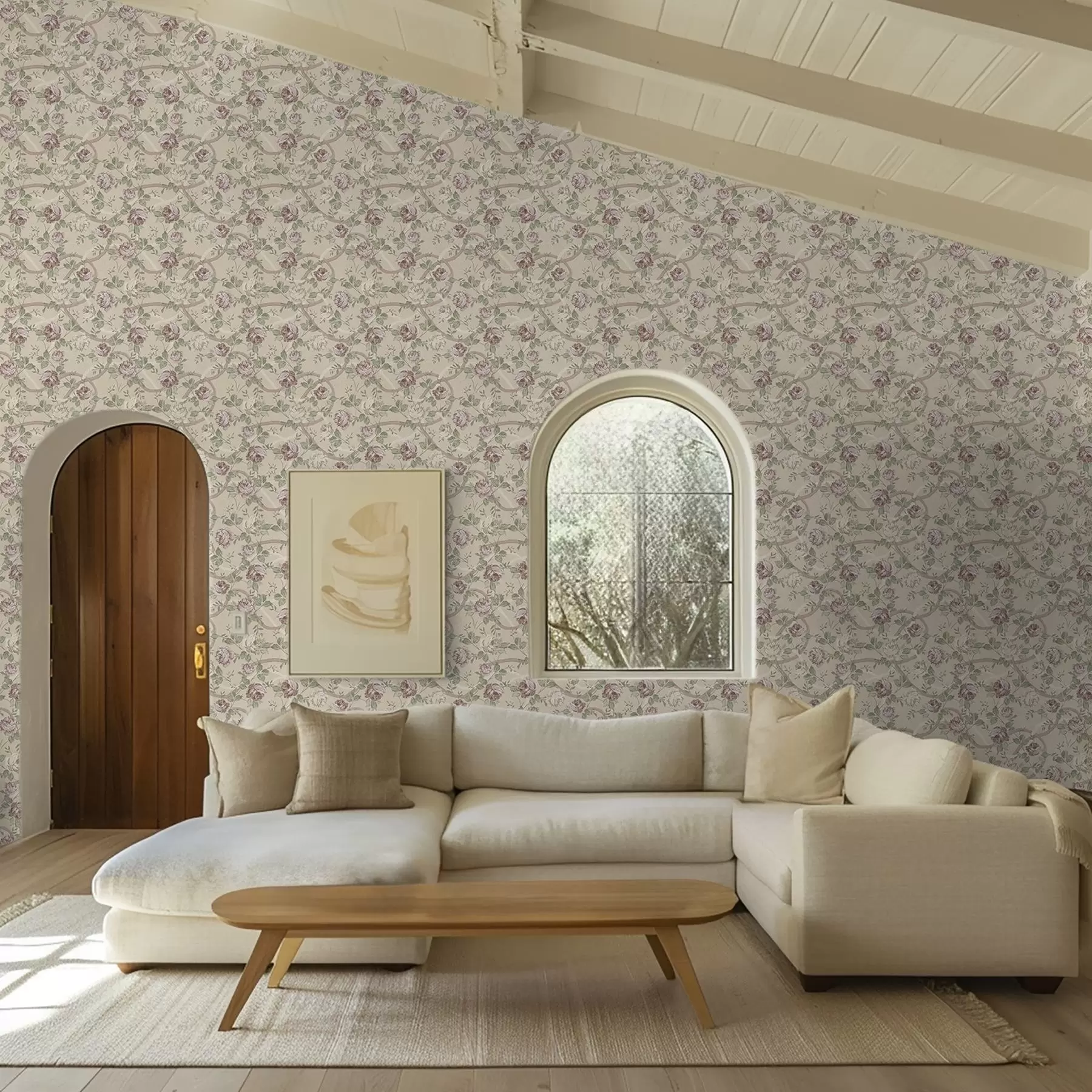 Fotobehang Rozen met groene bladeren op een warme beige ondergrond a00729