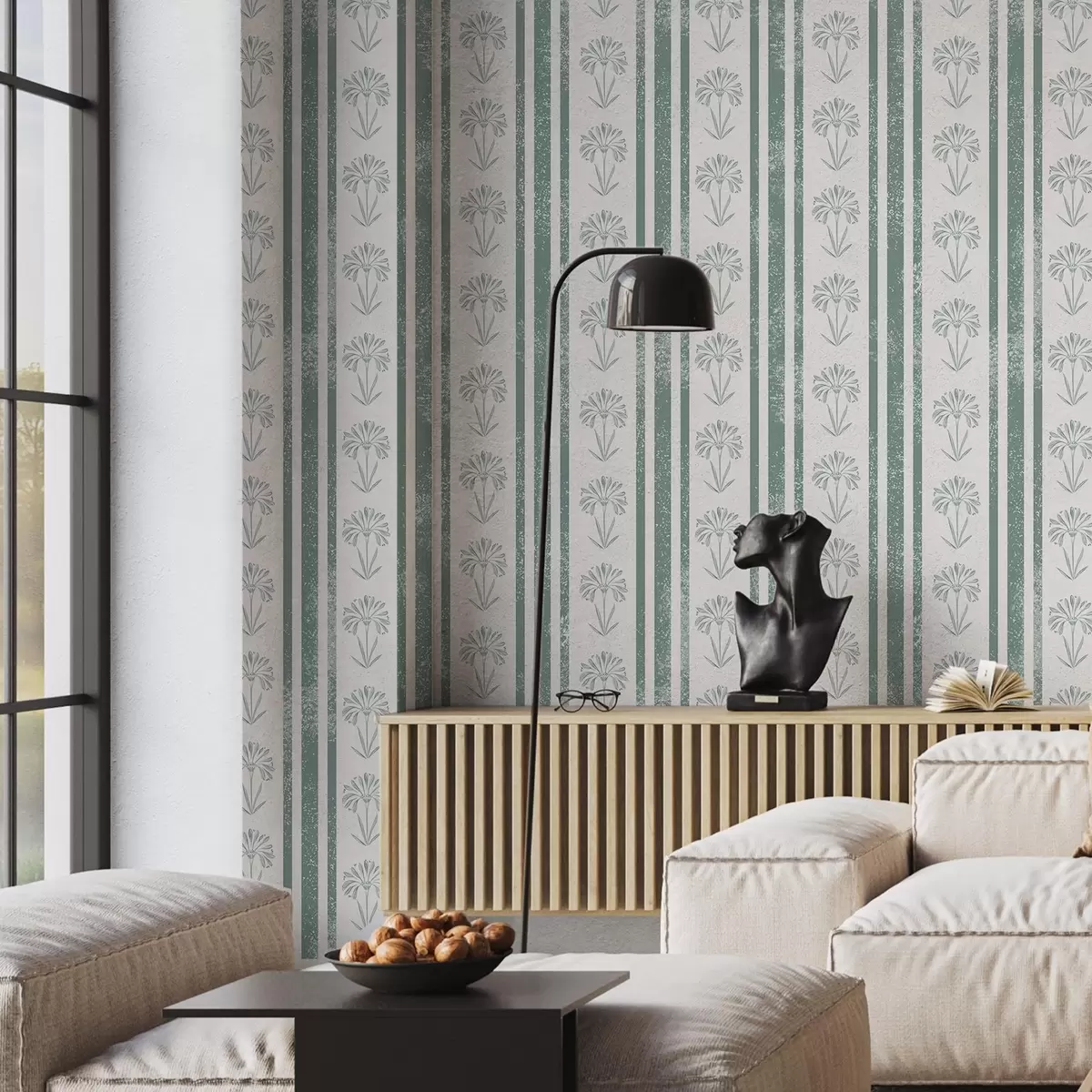 Behang Lintpatroon met bloemen in groene tinten a00732