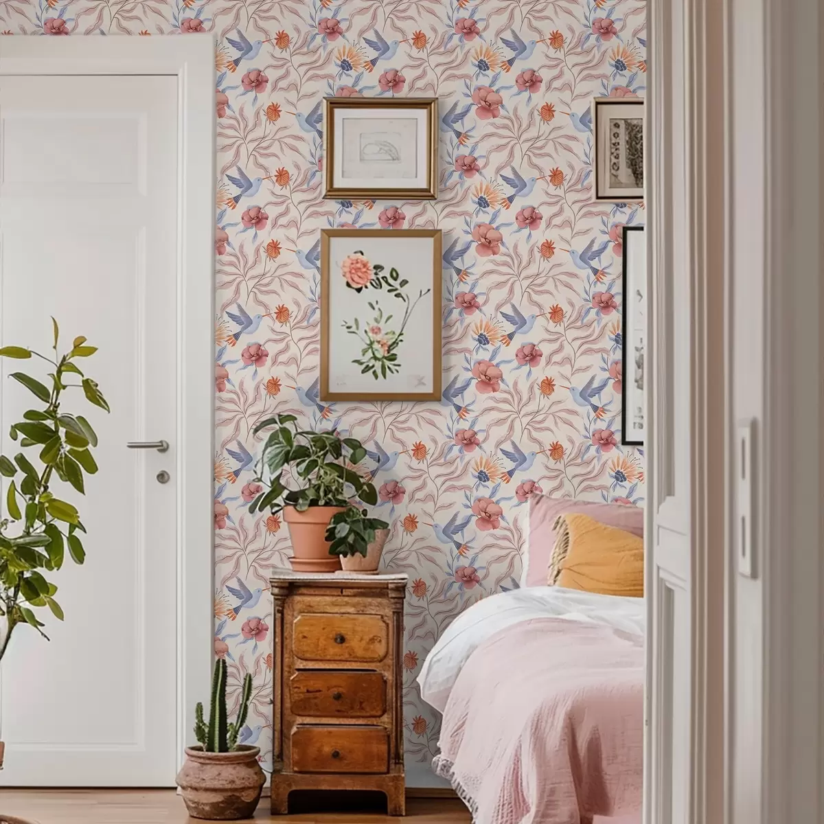 Behang Kolibries tussen grote bloemen in roze en blauwe tinten a00733