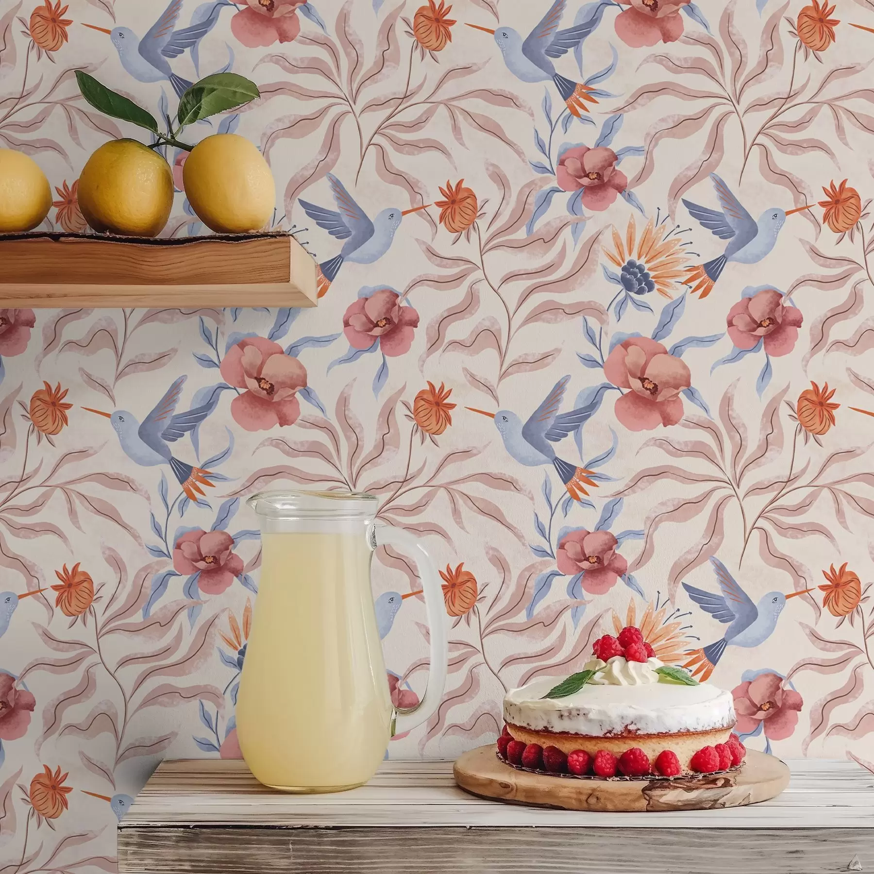 Fotobehang Kolibries tussen grote bloemen in roze en blauwe tinten a00733