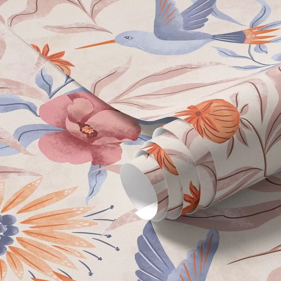 Fotobehang Kolibries tussen grote bloemen in roze en blauwe tinten a00733