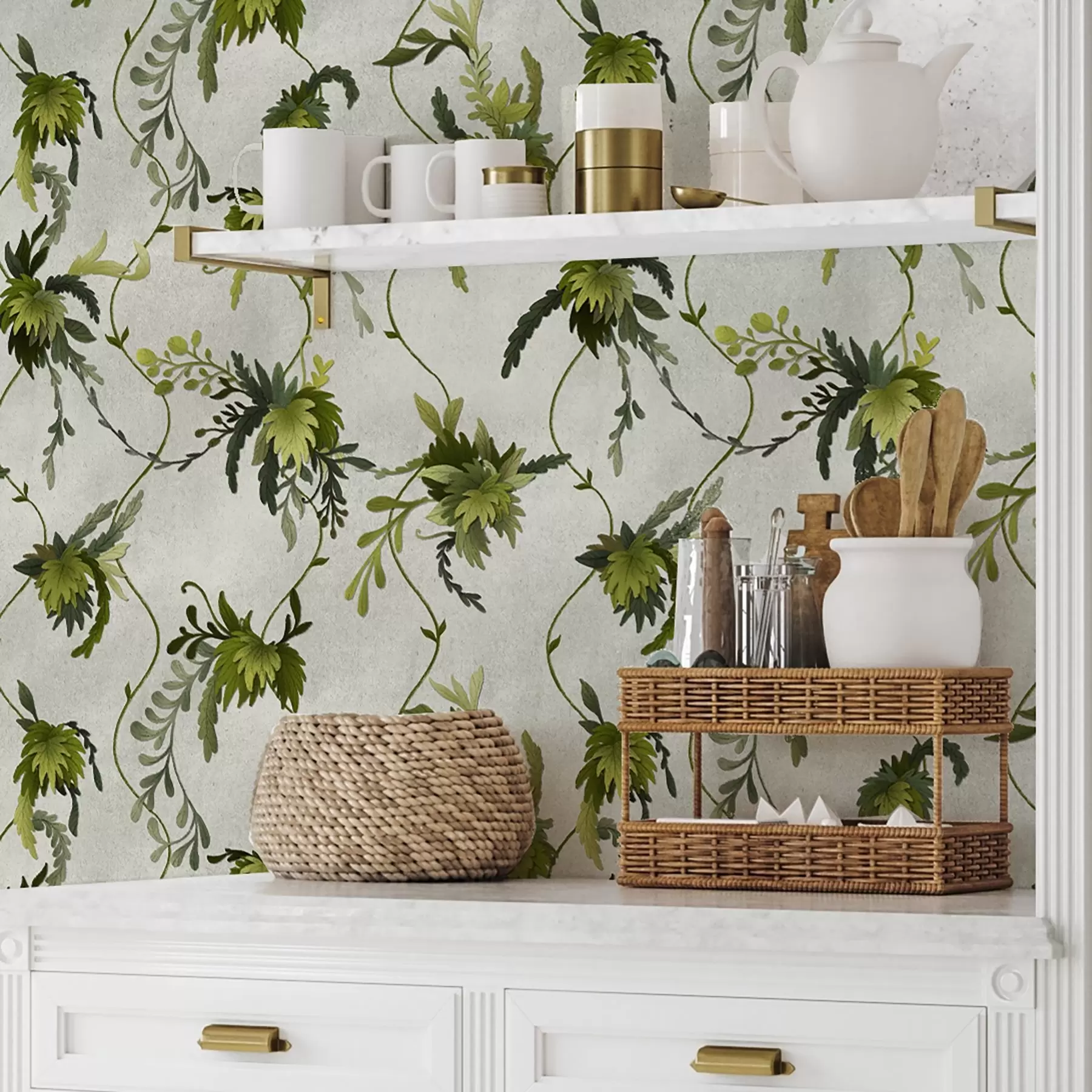 Fotobehang Klimtakken met bladeren op een lichte achtergrond a00806