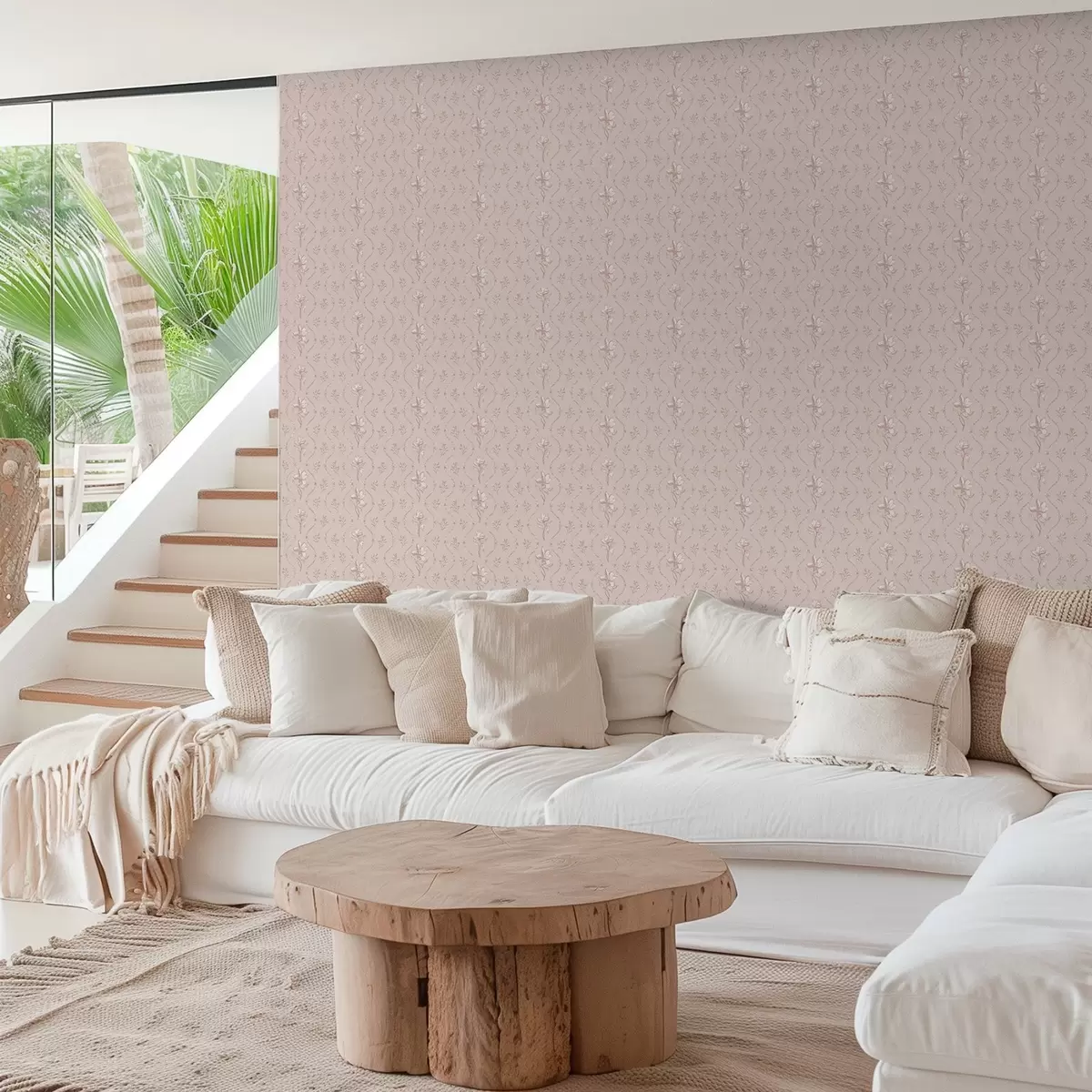 Behang Kleine bloemen en linten in zachte roze en beige tinten a00808