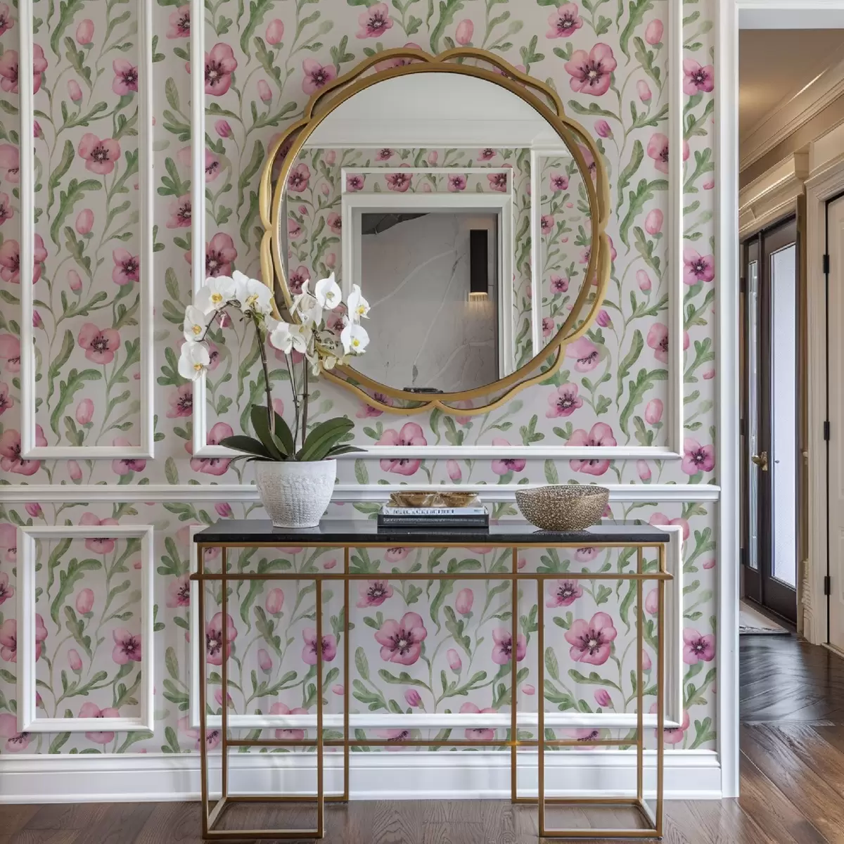 Behang Delicate roze klaprozen met bladeren in aquareltechniek a00830