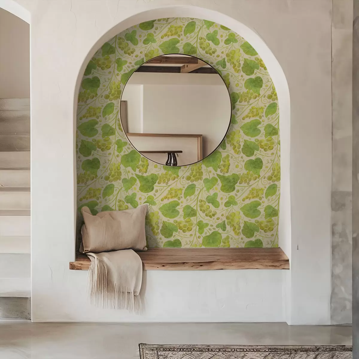 Behang Druiven en groene bladeren op een lichte achtergrond a00834