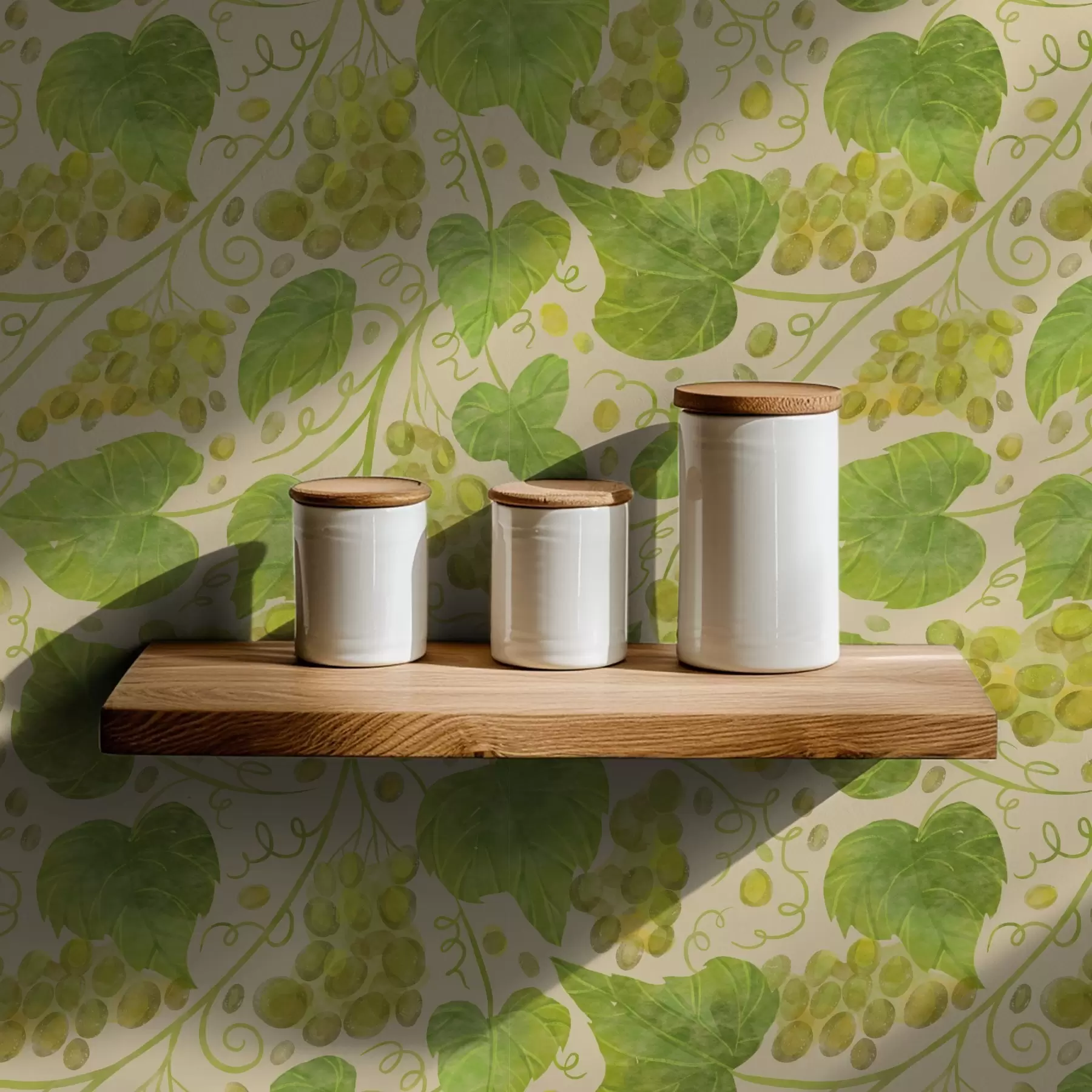 Fotobehang Druiven en groene bladeren op een lichte achtergrond a00834