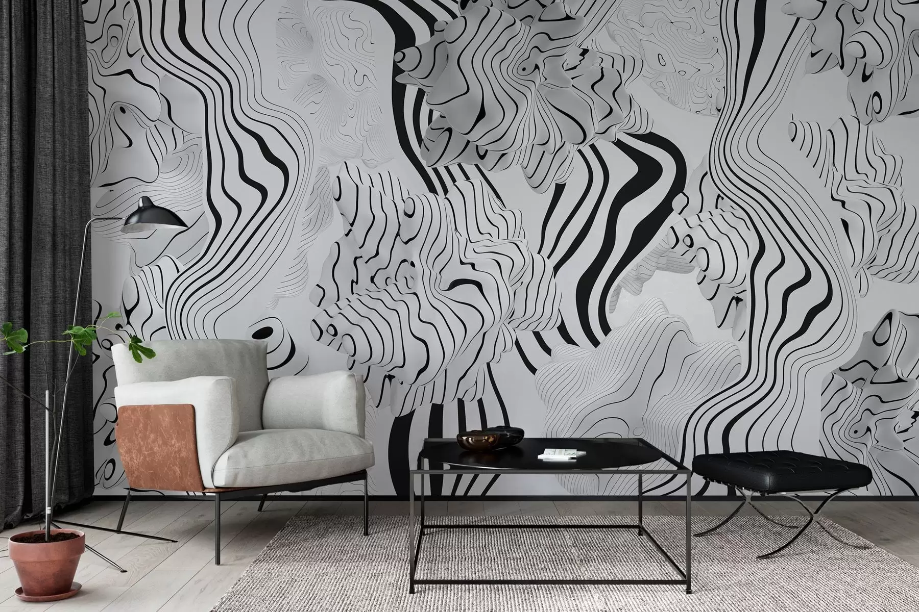 Fotobehang abstracte organische vormen in 3D-stijl in witte en grijze tinten met zwarte strepen w04627