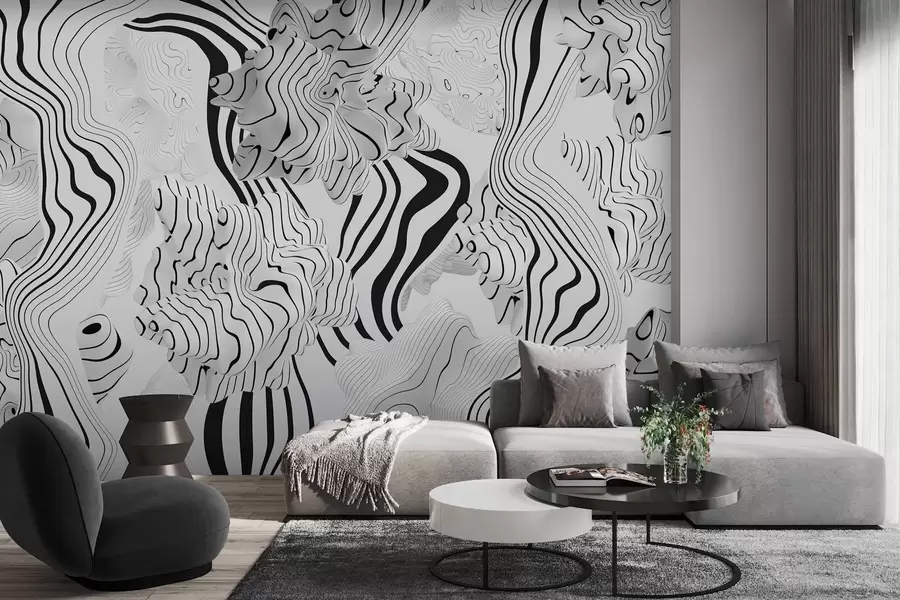 Fotobehang abstracte organische vormen in 3D-stijl in witte en grijze tinten met zwarte strepen w04627