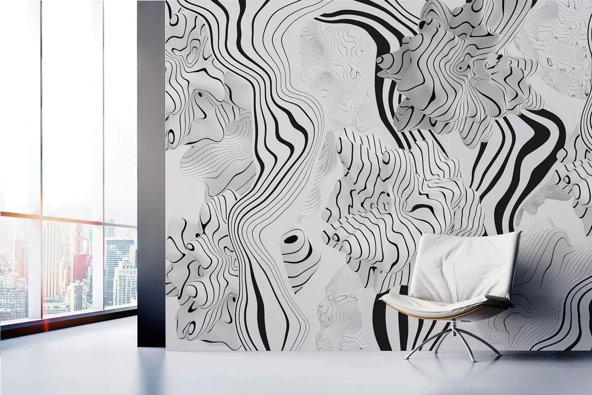Fotobehang abstracte organische vormen in 3D-stijl in witte en grijze tinten met zwarte strepen w04627