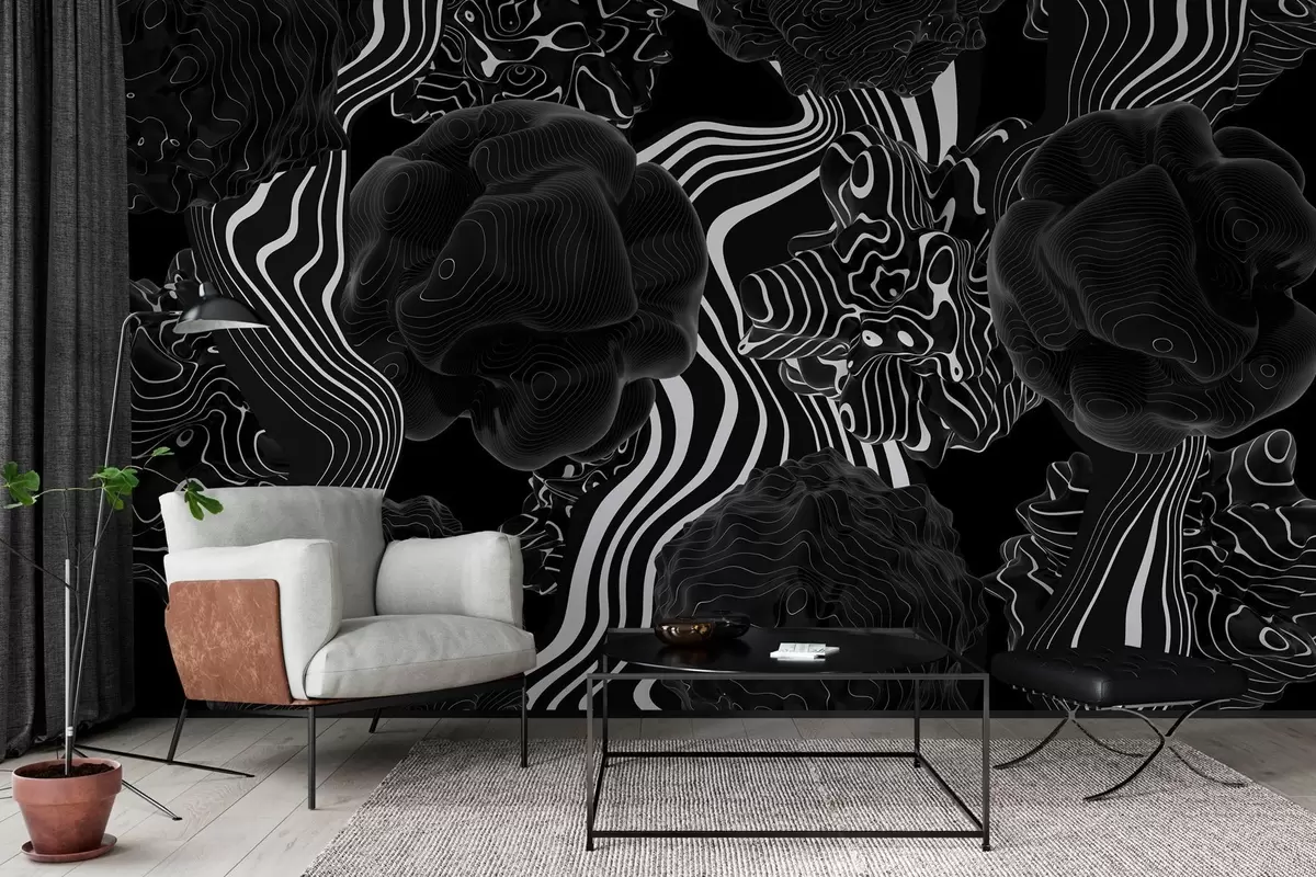 Fotobehang abstracte organische vormen in 3D-stijl in zwarte tinten met witte strepen w04628