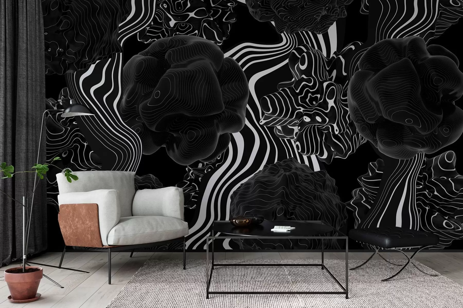 Fotobehang abstracte organische vormen in 3D-stijl in zwarte tinten met witte strepen w04628