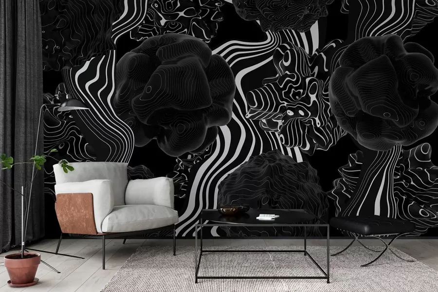 Fotobehang abstracte organische vormen in 3D-stijl in zwarte tinten met witte strepen w04628