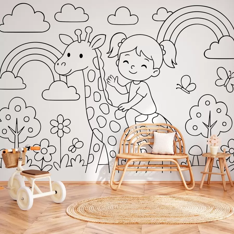Fotobehang zwart-witte tekening van een meisje op een giraf in de stijl van een kleurboek voor kinderen w04753