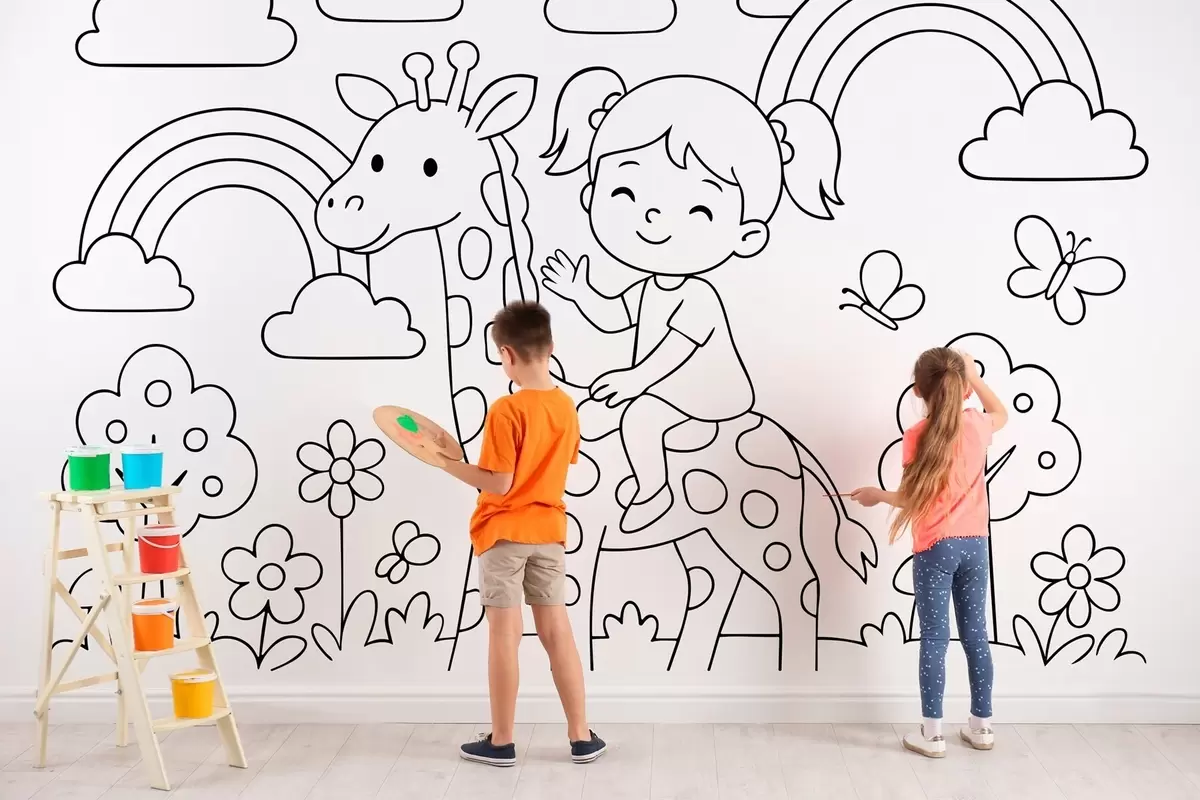 Fotobehang zwart-witte tekening van een meisje op een giraf in de stijl van een kleurboek voor kinderen w04753