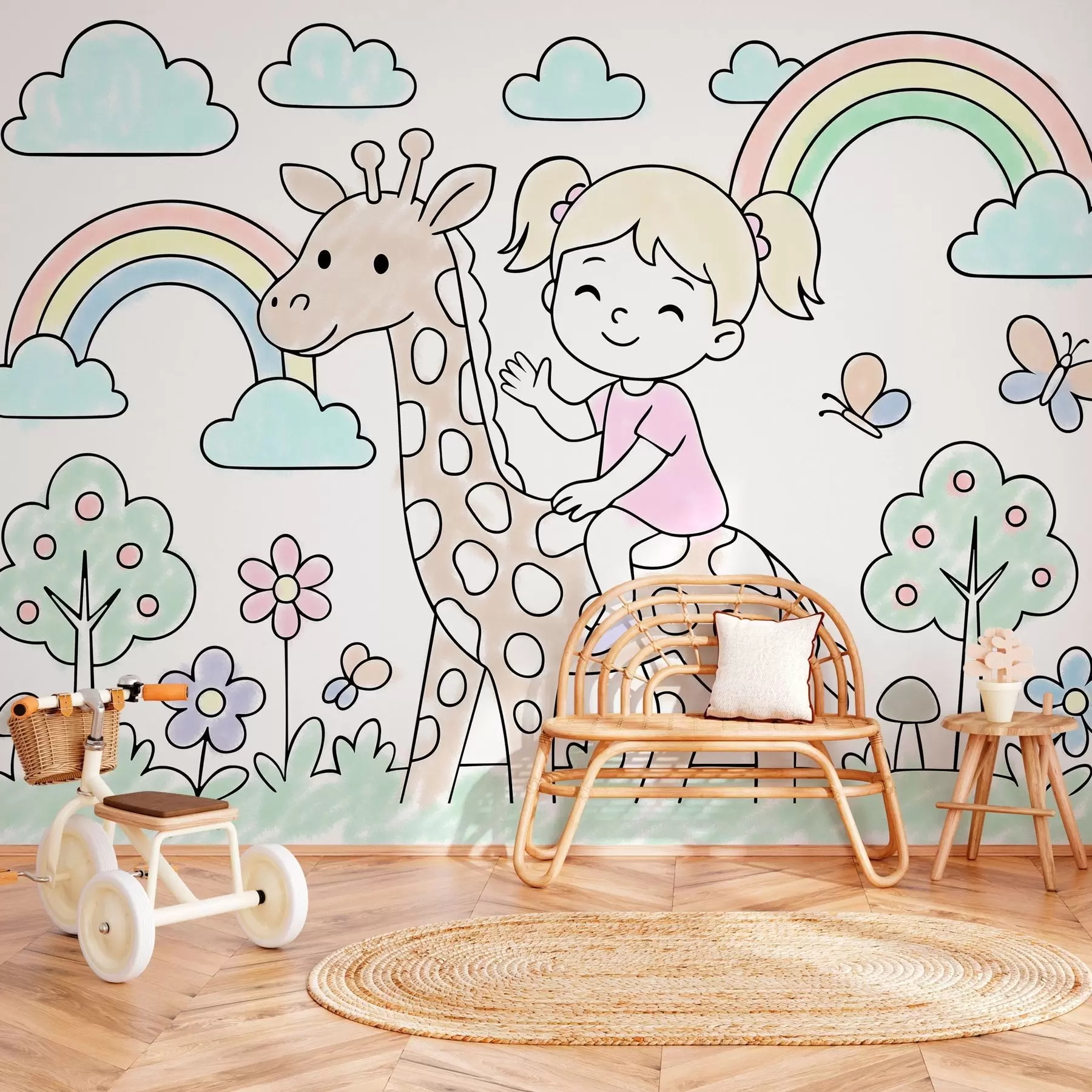 Fotobehang meisje op een giraf in de stijl van een kleurboek voor kinderen w04755