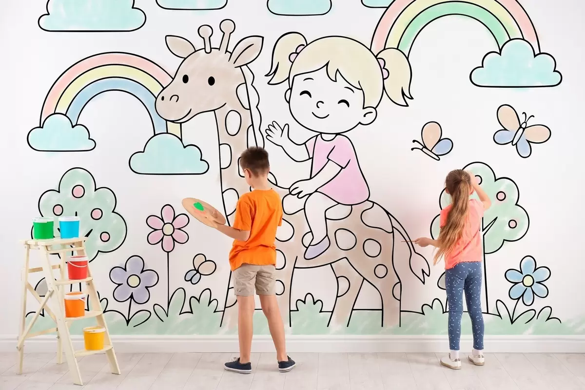 Fotobehang meisje op een giraf in de stijl van een kleurboek voor kinderen w04755