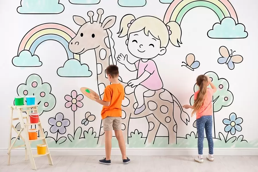 Fotobehang meisje op een giraf in de stijl van een kleurboek voor kinderen w04755