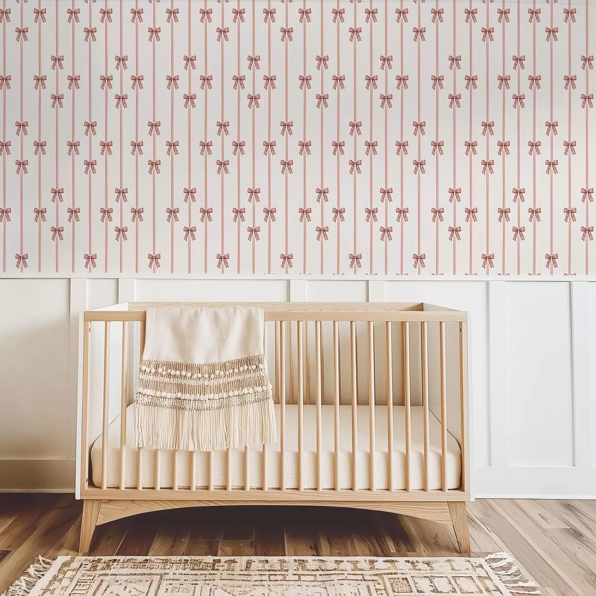 Behang Verticale linten met strikken, warm beige a00653v1