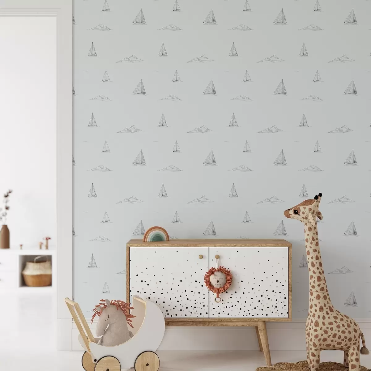 Behang Schets jachten en eilanden, koele blauwgrijze achtergrond a00654