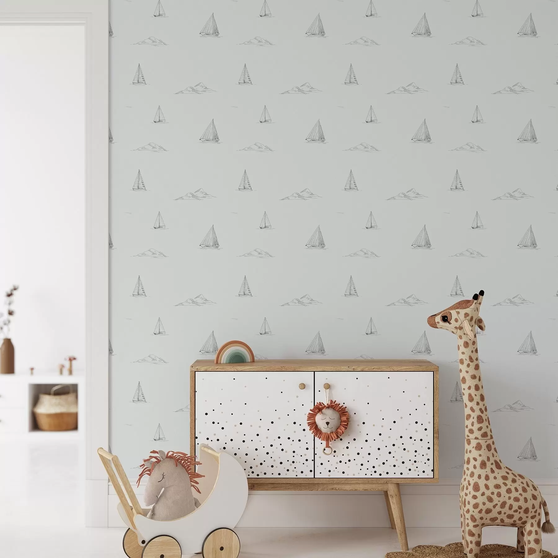 Fotobehang Schets jachten en eilanden, koele blauwgrijze achtergrond a00654